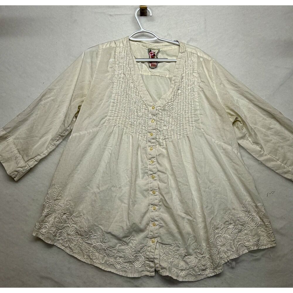 Johnny Was White Blouse Tunic with embroidered button-down floral details XL